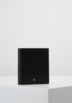 Black leather wallet with a textured surface, rectangular shape, featuring a small metal logo accent on the front.