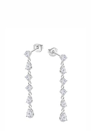 Boucles d'oreilles en argent avec des pierres précieuses transparentes en forme ronde et en poire, reliées dans un design vertical pour un effet de cascade.