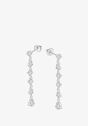 Silberne Tropfohrringe mit runden und birnenförmigen klaren Edelsteinen, die in einem vertikalen Design miteinander verbunden sind und einen kaskadierenden Effekt erzeugen.