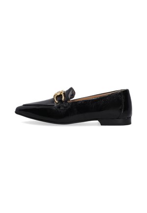 Black patent leather loafers with a pointed toe, featuring a gold buckle accent and a sleek, low-profile design. Smooth texture.