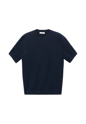 Maglione a maniche corte in maglia a coste di colore blu navy, con scollatura rotonda e vestibilità rilassata, caratterizzato da un orlo dritto e un tessuto testurizzato.