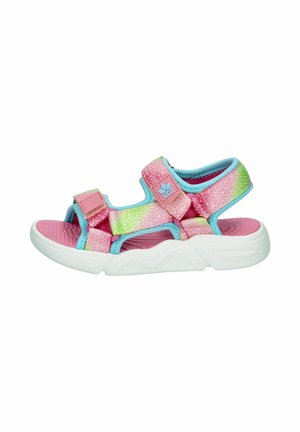 Child's pink, green, and blue open-toe sandal with adjustable straps and a thick white sole, designed for casual wear.