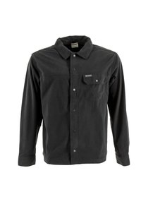Zwarte corduroy overhemd met lange mouwen, een knoopsluiting aan de voorkant en een enkele borstzak met een klein logo. Geverfd materiaal met verticale ribbels.