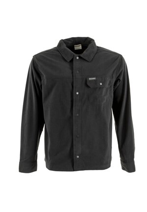 Zwarte corduroy overhemd met lange mouwen, een knoopsluiting aan de voorkant en een enkele borstzak met een klein logo. Geverfd materiaal met verticale ribbels.