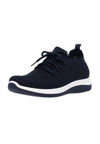 Sneakers lavorati a maglia blu navy con finitura testurizzata, suola intermedia bianca e lacci tono su tono. Presentano un fautore sul tallone per un facile indossamento.