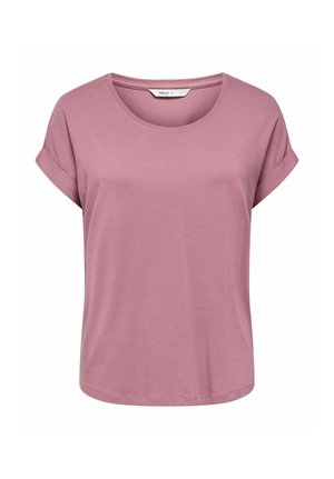 Short-sleeve mauve women's t-shirt with rolled cuffs and a round neckline, made from soft fabric.