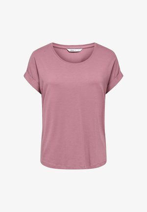 Short-sleeve mauve women's t-shirt with rolled cuffs and a round neckline, made from soft fabric.