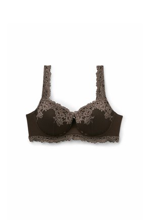 Mørkebrun blonde-bh med blomsterbroderi, polstrede skåle og bølget kant på stropper og bånd.