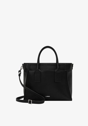 Zwarte gestructureerde handtas van leer. Heeft dubbele handvatten aan de bovenkant, een afneembare schouderriem en subtiele branding aan de voorkant.