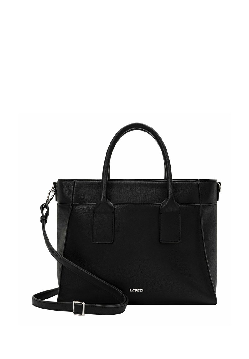 Bolso estructurado negro hecho de cuero. Cuenta con dos asas superiores, una correa de hombro desmontable y un sutil logo en la parte frontal.
