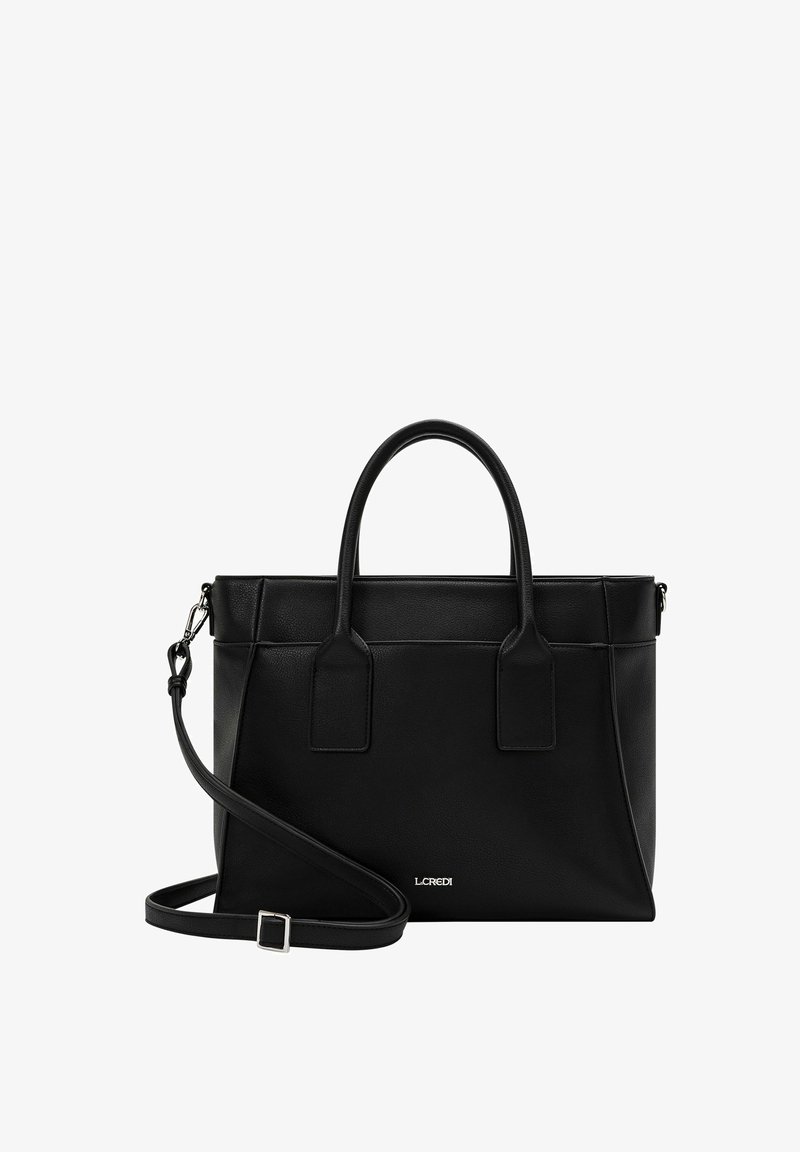 Sac à main structuré noir en cuir. Il dispose de doubles poignées supérieures, d'une bandoulière amovible et d'une discrète marque sur le devant.