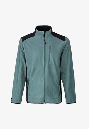 Fleece jacket in teal with black shoulder accents. Full zip front, two side pockets, and a chest pocket, featuring a smooth texture.