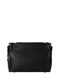 Borsa in pelle nera con superficie texturizzata, dettagli in metallo dorato, manici superiori e chiusura con zip. Forma semplice e rettangolare con un design discreto.