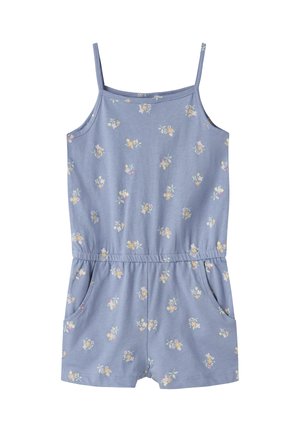 Hellblauer ärmelloser Overall mit Spaghettiträgern, elastischem Bund, Seitentaschen und kleinem rosa und gelbem Blumenmuster überall.
