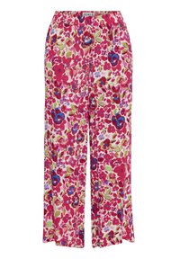 Pantalons floraux en rose, présentant des motifs floraux multicolores avec des nuances de bleu, de vert et de rouge. Taille élastique, jambes larges, tissu doux.