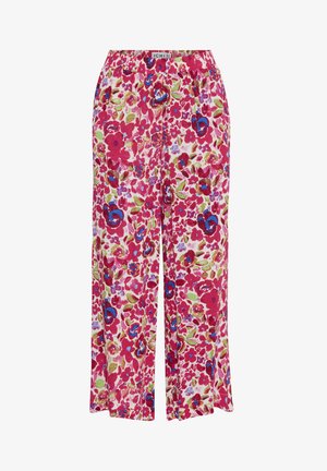 Cvjetne hlače u ružičastoj boji, s višebojnim cvjetnim uzorcima u plavim, zelenim i crvenim nijansama. Elastičan pojas, široke nogavice, mekani materijal.