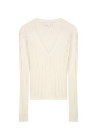 Witte geribbelde gebreide trui met een diep V-hals, lange mouwen en verticale textuur. Heeft een subtiele centrale naad en een aansluitend silhouet.