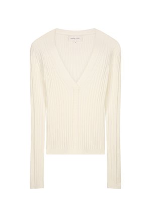 Witte geribbelde gebreide trui met een diep V-hals, lange mouwen en verticale textuur. Heeft een subtiele centrale naad en een aansluitend silhouet.