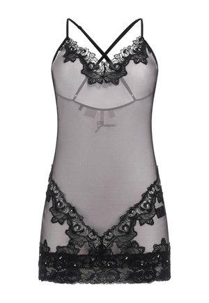 Schwarzes Spitzen-Chemise aus transparentem Stoff, mit floralen Spitzenakzenten, verstellbaren Trägern und dekorativen Pailletten am Saum. Leichtes und zartes Design.