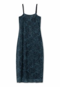 Rochie de vară cu bretele subțiri negre, având un fundal albastru închis și un model texturat cu litere albastre deschise pe tot parcursul.