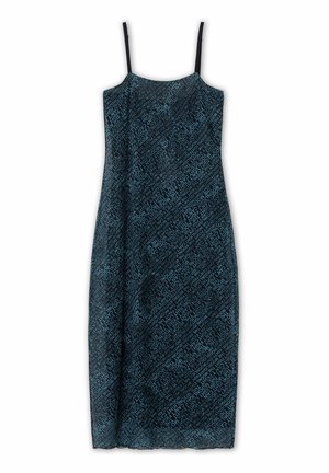 Sundress with thin black straps, featuring a dark blue background and a textured pattern of light blue letters throughout.
