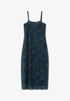 Klein mustrihmine kleit õhukeste mustade rihmadega, tume sinine taust ja helesinine täheformaat.