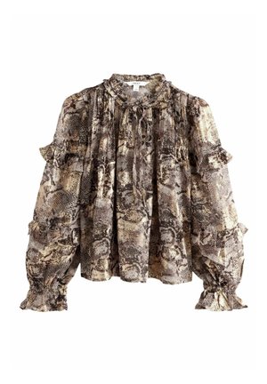 Bluză cu mânecă lungă, cu imprimeu în model de șarpe, având accente volănașe, un gât legat și o combinație de nuanțe neutre și metalice. Material moale, texturat.