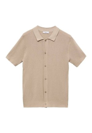 Beige short-sleeve polo shirt in textured knit fabric, featuring a button front, collar, and ribbed cuffs. Simple and modern design.