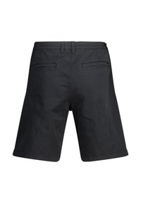 Black cotton shorts featuring a straight cut, two back pockets, and a clean finish at the hem. Simple design with no visible hardware.