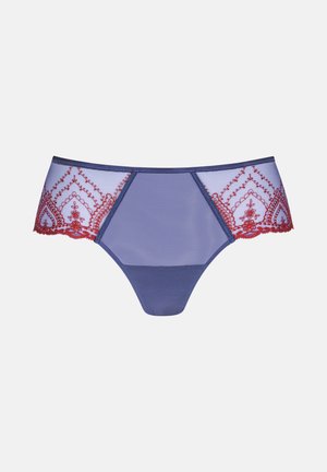 Purple mesh underwear featuring red embroidered accents and scalloped edges, with a shaped waistline for a modern design.