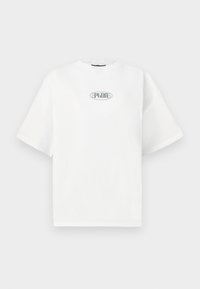 Tricou alb cu mâneci scurte, realizat din bumbac, având un logo grafic verde în formă de oval în centrul pieptului.