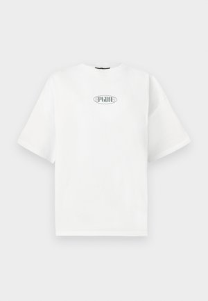 T-shirt blanc à manches courtes en coton, avec un logo graphique vert en forme ovale au centre de la poitrine.