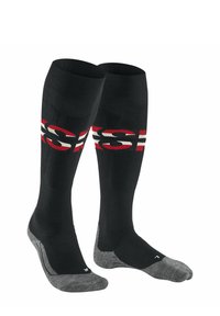 Calze nere fino al ginocchio con un motivo geometrico rosso e bianco. Presentano una punta e un tallone rinforzati grigi con una texture liscia.