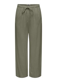 Olive-green loose-fitting pants made of smooth fabric with an elastic waistband and a drawstring. Features a wide leg design.