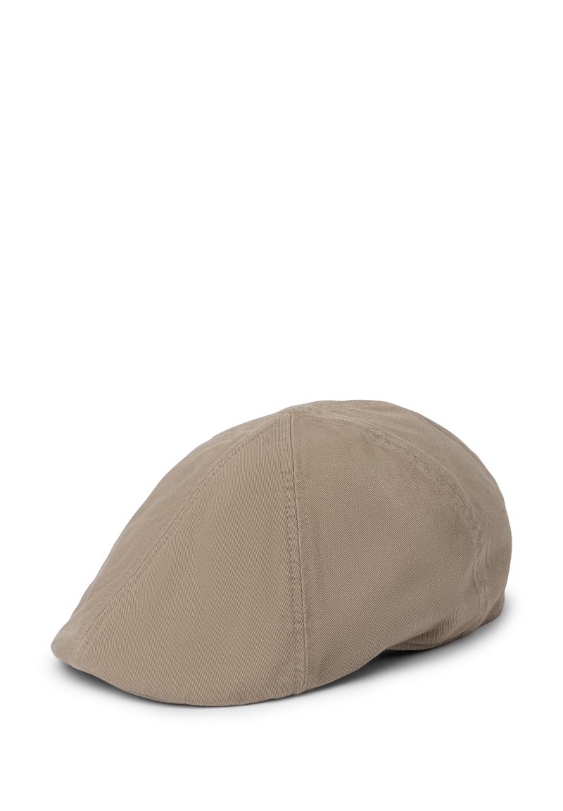 Beige cotton cap with a rounded shape, smooth texture, and six-panel design; features a stitched accent along the seams.