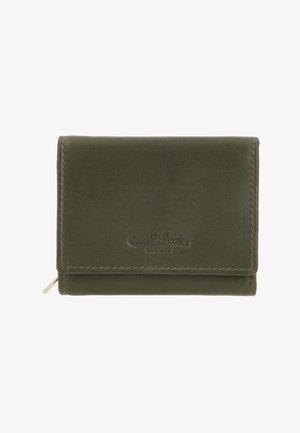 Olivengrøn læder tre-foldet pung med synlige syninger og præget "Guatti Leder studio" logo på forflappen.