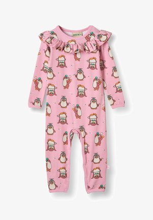 Hosszú ujjú rózsaszín rugdalózó, puha anyagból, teljes felületén pingvin mintázattal, fodros nyakkal és alsó patentos záródással.