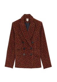 Blazer double boutonnage en tissu texturé rouge et noir, avec des revers à cran, deux poches avant et boutons noirs.