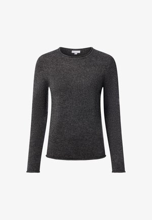 Langärmliger Pullover mit Rundhalsausschnitt in Dunkelgrau, aus geripptem Strickmaterial gefertigt, mit etwas lockerem Schnitt und sportlich gesäumten Ärmeln. Minimalistisches Design.