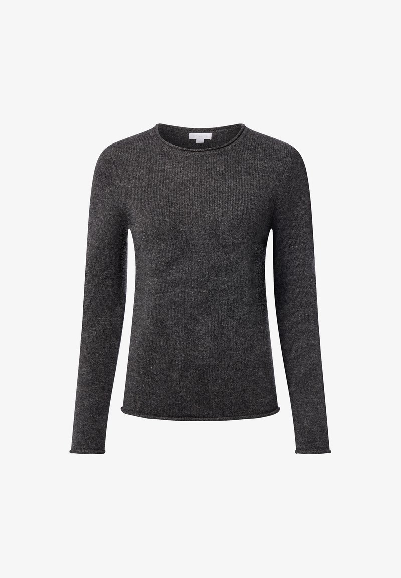 Pull-over à manches longues, col rond en gris foncé, fabriqué en maille côtelée avec une coupe légèrement décontractée et des poignets ourlés. Design minimaliste.