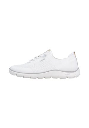 White knitted fabric sneaker with low-profile sole and lace-up design, side view on a white background.
