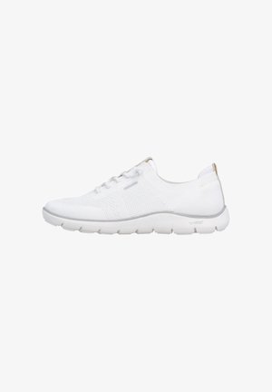 White knitted fabric sneaker with low-profile sole and lace-up design, side view on a white background.