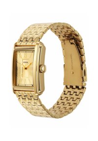 Montre rectangulaire en or avec un cadran texturé, des chiffres romains et un bracelet en maillons de métal. Comprend une couronne et un fermoir pour un port sécurisé.