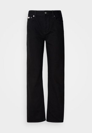 Čierne rovné džínsy s piatimi vreckami, striebornými nitmi a zapínaním na gombík. Tkanina má hladký, jemne textúrovaný povrch.