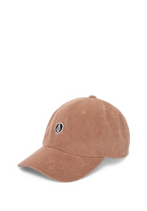 Casquette de baseball en velours côtelé marron avec une visière courbée et un petit logo circulaire noir et blanc sur le panneau avant.