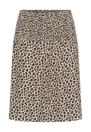 Fustă cu talie înaltă cu model în imprimeu de leopard, având o bandă elastică lată și strânsă în talie, confecționată din același material.