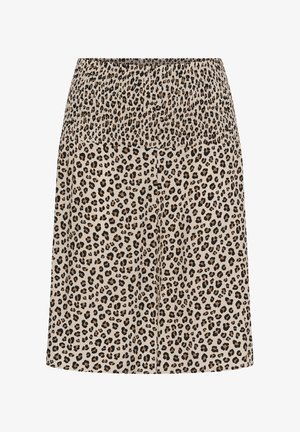 Sukňa s vysokým pásom s leopardím vzorom, vybavená širokým nariaseným elastickým pásom z rovnakého materiálu.