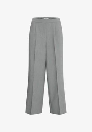 Sive visoke hlače iz teksturirane tkanine, ki imajo velike sprednje naborke in naravnost široko zasnovo nogavice.