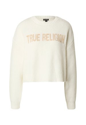 Väljalõigatud valge kootud kampsun soonilise tekstuuriga, ümara kaelusega ja eespool helebeežide tähtedega kiri "TRUE RELIGION".