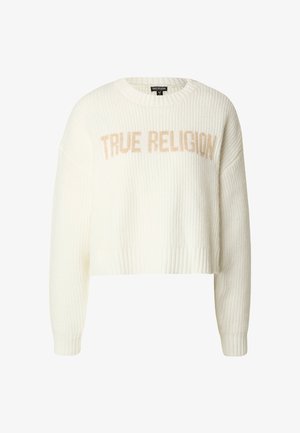 Pulover alb tricotat, decupat, cu textură reiată, guler rotund și inscripția "TRUE RELIGION" în bej deschis pe față.